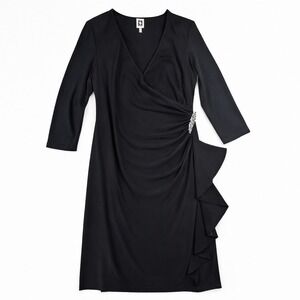 Anne Klein Midi Dress – 16‎ Black V Neck Ruched Evening Rhinestone